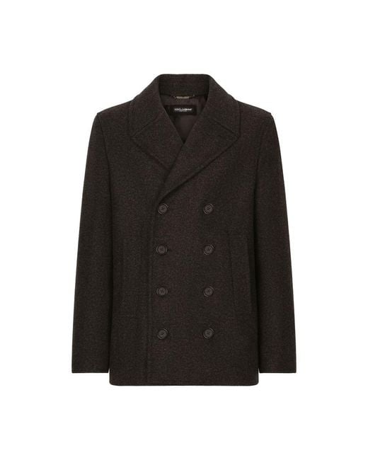 Dolce & Gabbana Black Double-Breasted Wool Pea Coat With Branded Tag for men