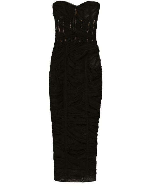 Dolce & Gabbana Black Drapiertes Midikleid aus Tüll mit Bustier