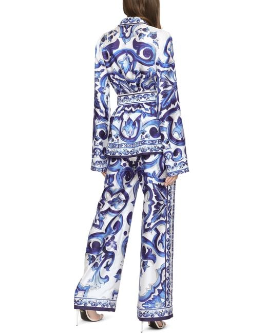 Dolce & Gabbana Blue Silk Majolica Tie-waist Shirt