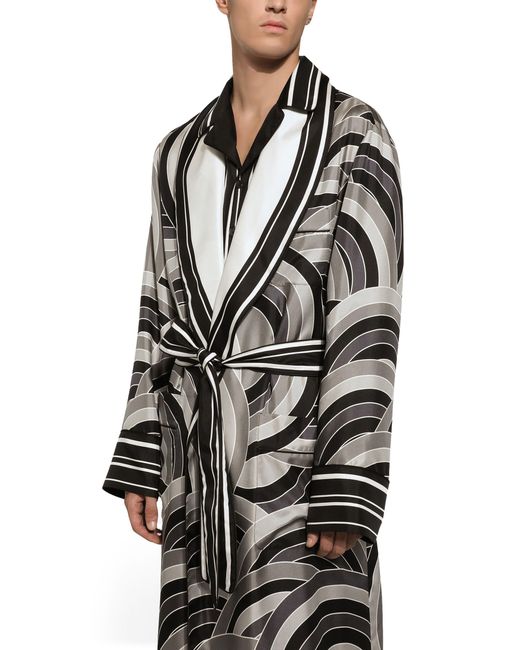 Dolce & Gabbana Black Printed Silk Twill Robe for men