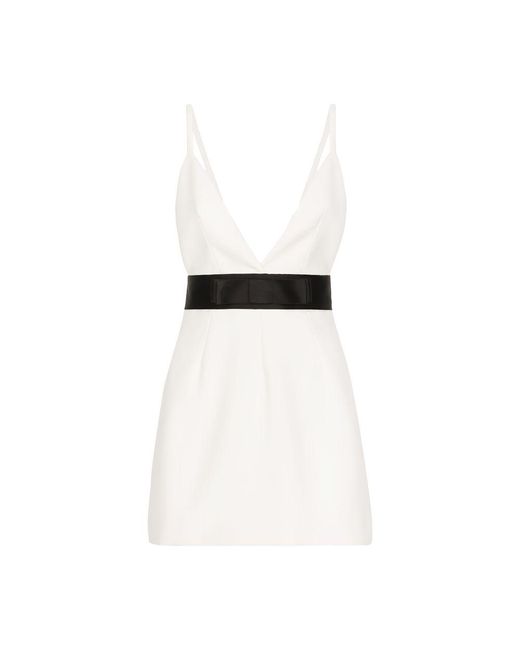 Dolce & Gabbana White Short Woolen Dress With Satin Belt