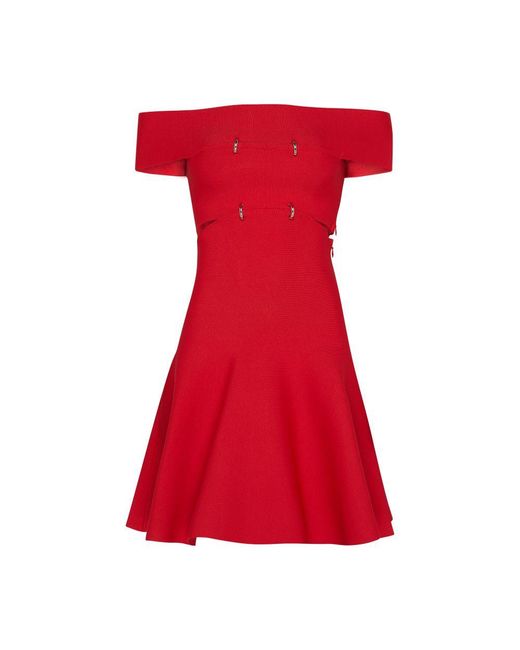 Alexander McQueen Red Sliced Offshoulder Knit Dress