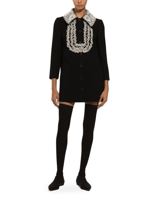 Dolce & Gabbana Black Kurzer Mantel Aus Wolle Mit Spitzendetails