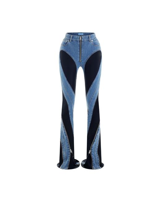 Mugler Blue Spiral-Pattern, Bi-Material Split Jeans