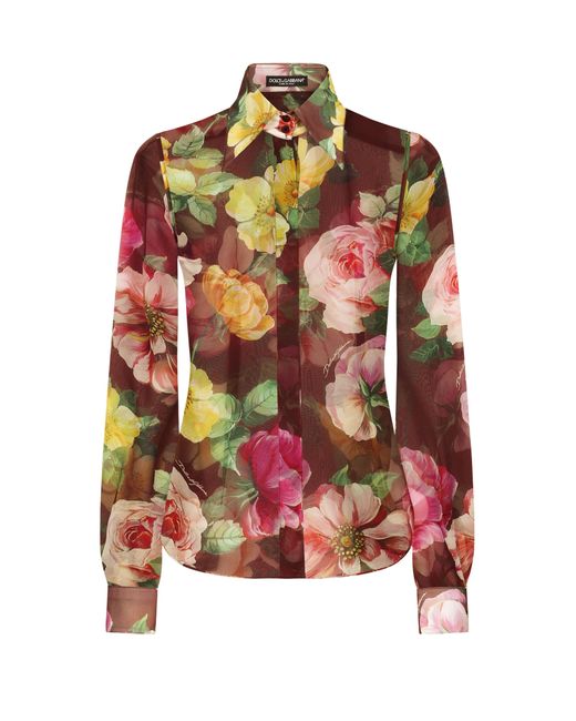 Dolce & Gabbana Red Camellia-Print Chiffon Shirt