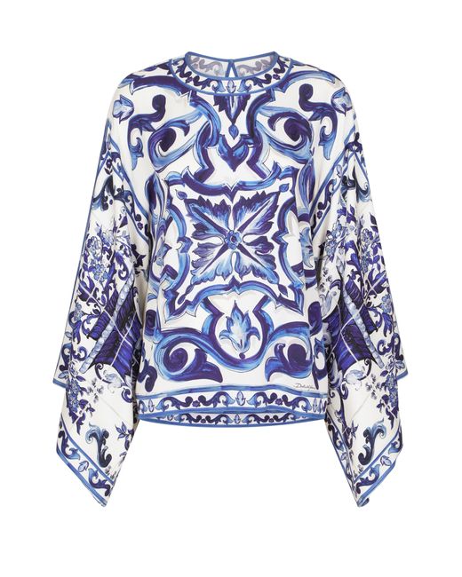 Dolce & Gabbana Blue Charmeuse-Bluse mit Majolika-Print