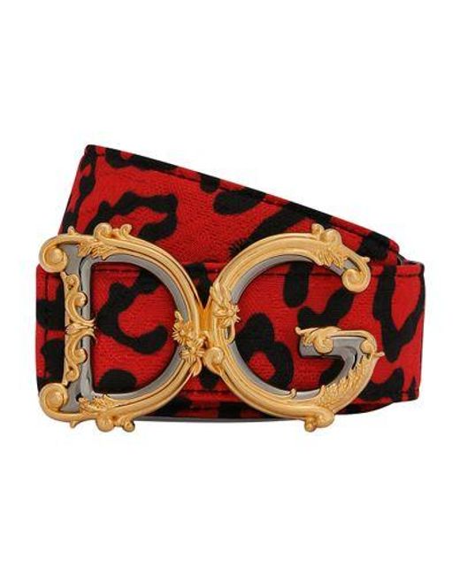 Dolce & Gabbana Red Leopard-print Brocade Belt With Baroque Dg Logo