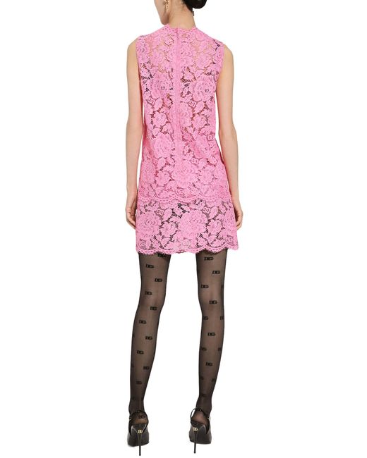 Dolce & Gabbana Pink Branded Floral Cordonetto Lace Top