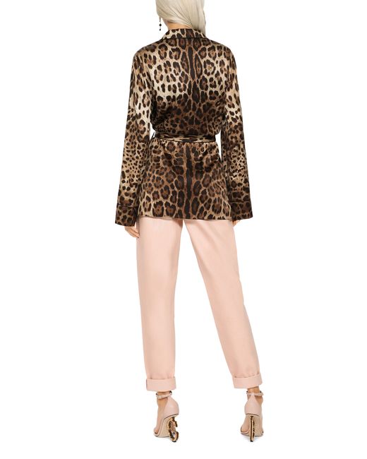 Dolce & Gabbana Brown Leopard-print Satin Pajama Shirt With Belt