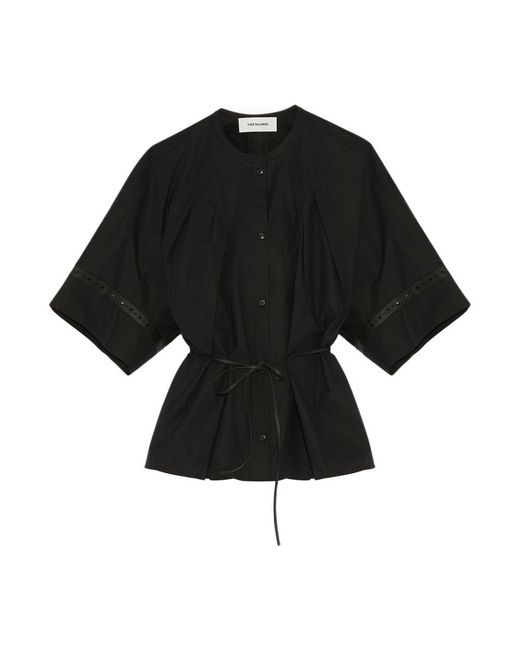 Yves Salomon Black Cotton Poplin Shirt With Leather Trims