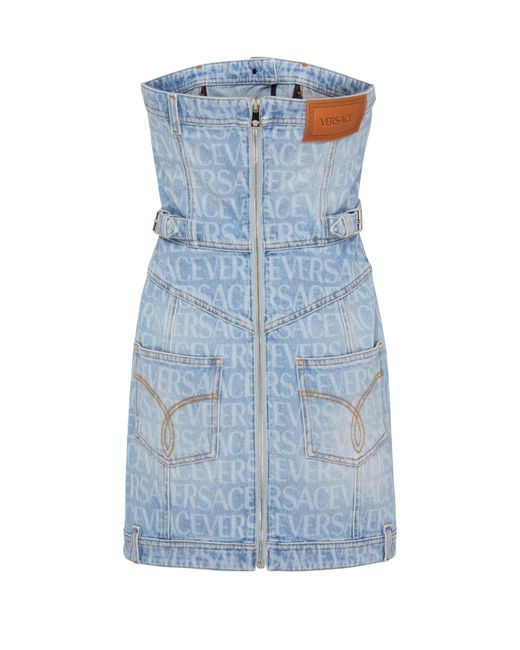 Versace Blue Allover Strapless Denim Dress