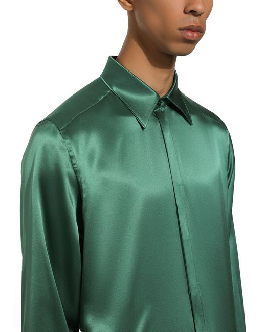 Dolce & Gabbana Green Silk Satin Martini-Fit Shirt for men