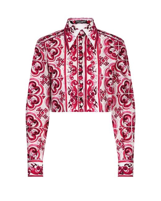 Dolce & Gabbana Red Cropped-Bluse Aus Popeline Majolika-Print