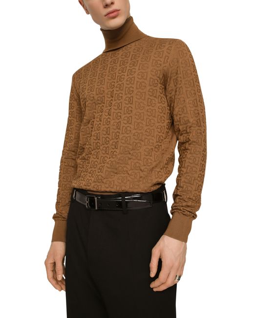 Dolce & Gabbana Brown High Neck Silk Jacquard Sweater With Logo for men