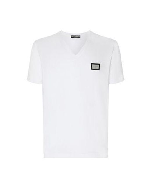 Dolce & Gabbana White Cotton V-Neck T-Shirt With Branded Tag for men