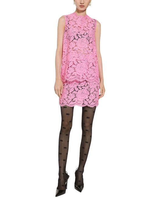 Dolce & Gabbana Pink Branded Floral Cordonetto Lace Top