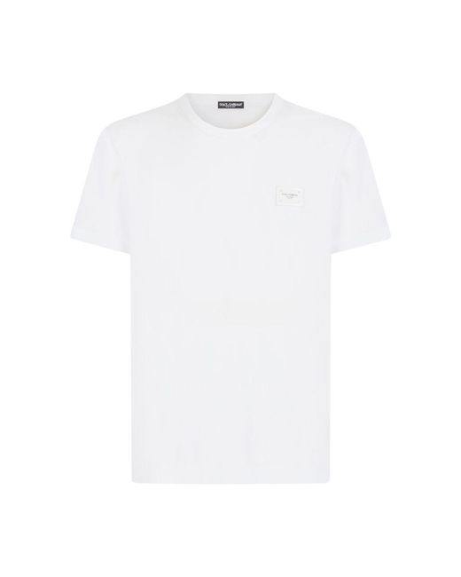 Dolce & Gabbana White Cotton T-Shirt With Logoed Plaque for men