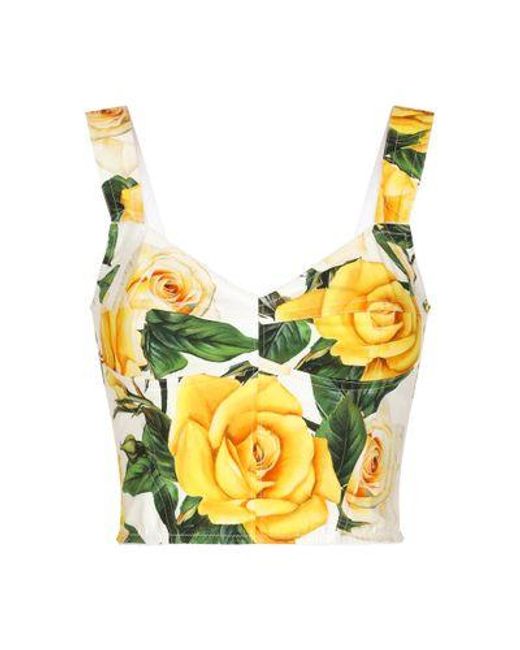 Dolce & Gabbana Yellow Cotton Corset Top With Rose