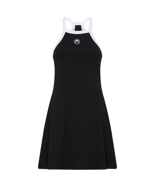 MARINE SERRE Black Organic Cotton Rib 2X2 Flared Dress