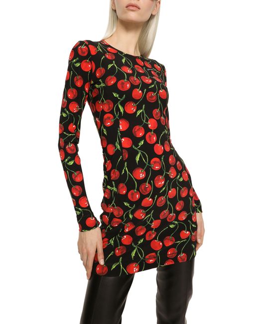 Dolce & Gabbana Red Short Long-Sleeved Jersey Dress With Cherry Print