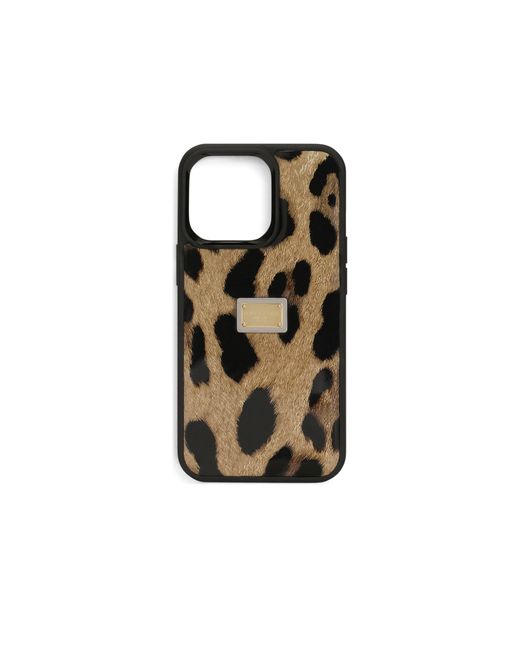 Dolce & Gabbana Black Hülle für iPhone 14 Pro aus poliertem Kalbsleder mit Leopardenmuster