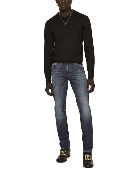 Dolce & Gabbana Blue Slim Fit Washed Stretch Jeans With Subtle Abrasions for men