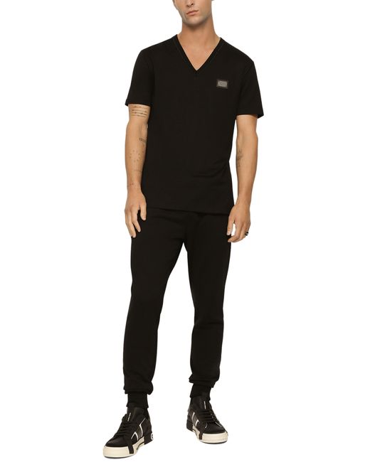 Dolce & Gabbana Black Cotton V-Neck T-Shirt With Branded Tag for men