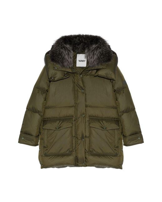 Yves Salomon Green 3/4-Length Puffer Jacket Made From A Water-Resistant Technical Fabric With A Fox Fur Collar