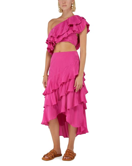 Farm Rio Pink Marrocaine Ruffle Midi Skirt