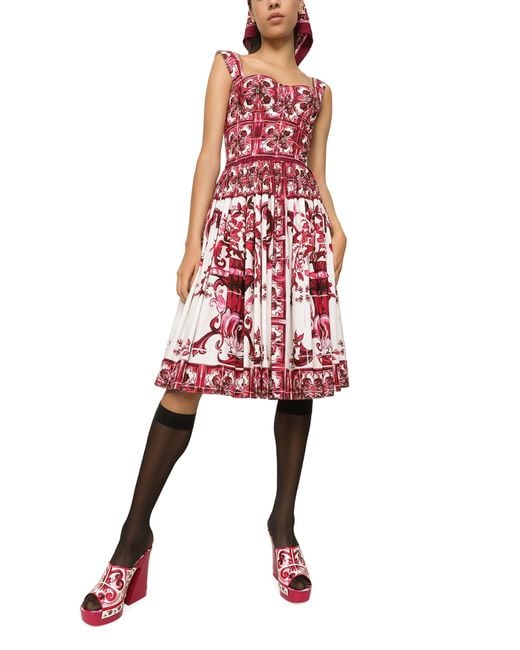 Dolce & Gabbana Red Midi-Bustierkleid aus Popeline mit Majolika-Print