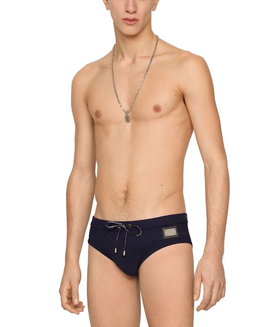 Dolce & Gabbana Blue Swim Briefs With High-Cut Leg And Branded Plate for men