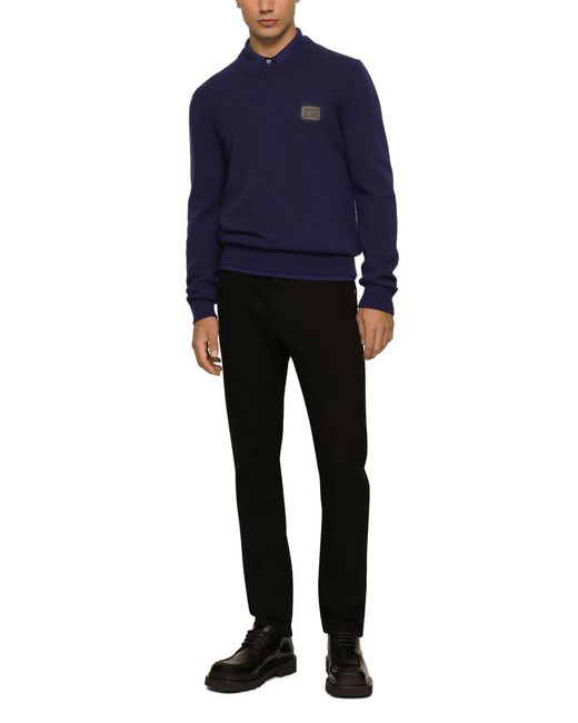 Dolce & Gabbana Blue Wool Round-Neck Sweater With Branded Tag for men