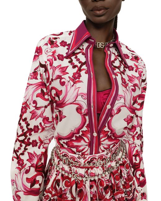 Dolce & Gabbana Red Bluse Aus Popeline Majolika-Print