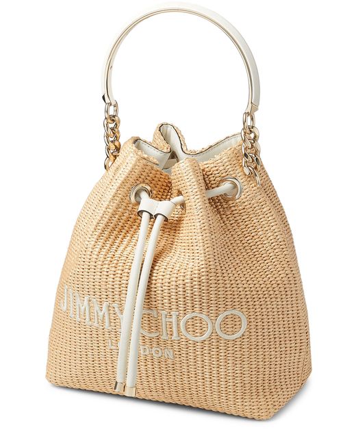 Jimmy Choo Natural T/lat/gold Bon Bon Logo-embroidered Raffia Bucket Bag