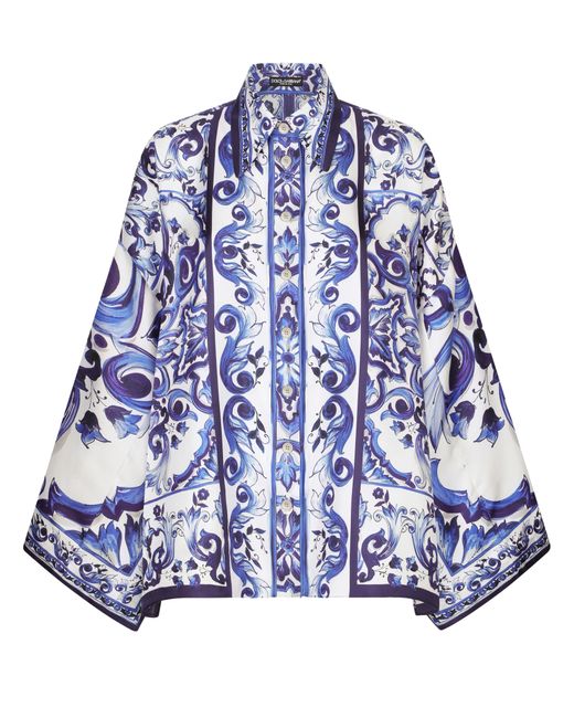 Dolce & Gabbana Blue Twill-Hemd mit Schlitzen und Majolika-Print