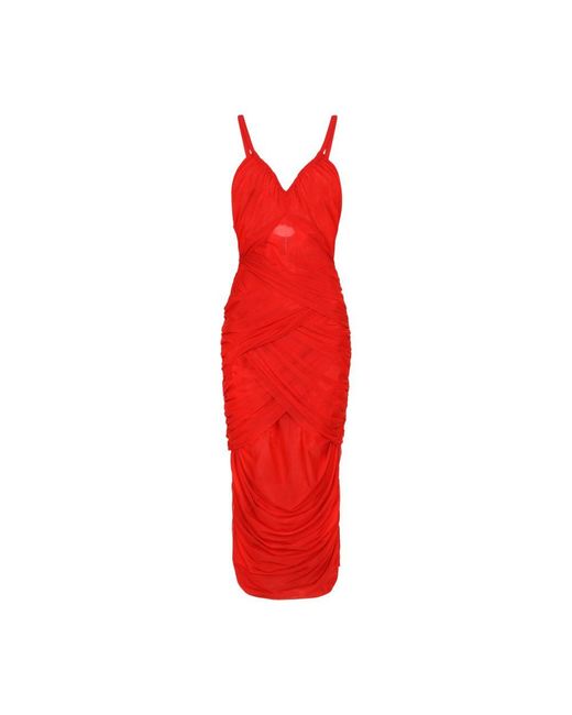 Dolce & Gabbana Red Draped Midi Dress In Stretch Tulle