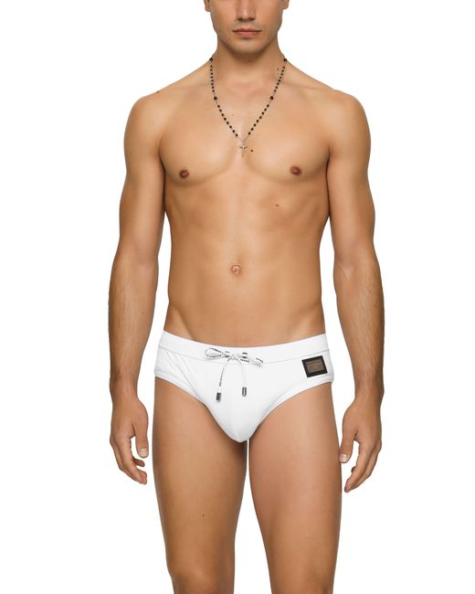 Dolce & Gabbana White Swim Briefs With High-Cut Leg And Branded Plate for men
