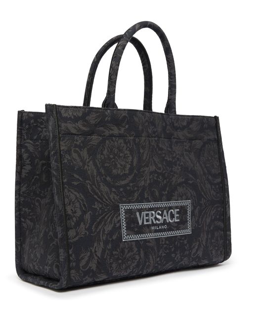 Versace Black Embroidered Jacquard Barocco And Calf Leather Large Tote