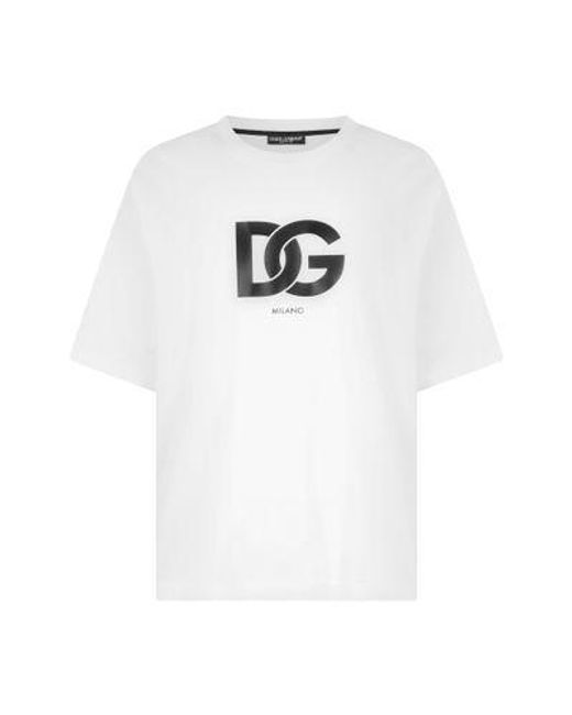 Dolce & Gabbana White Cotton T-Shirt With Dg Logo Print for men