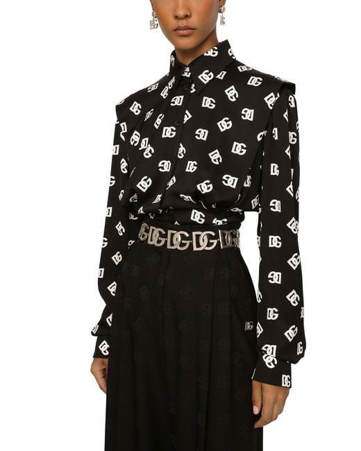 Dolce & Gabbana Black Bluse Aus Charmeuse Dg-Logoprint Allover