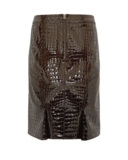 Tom Ford Brown Glossy Croco Embossed Goat Leather Skirt