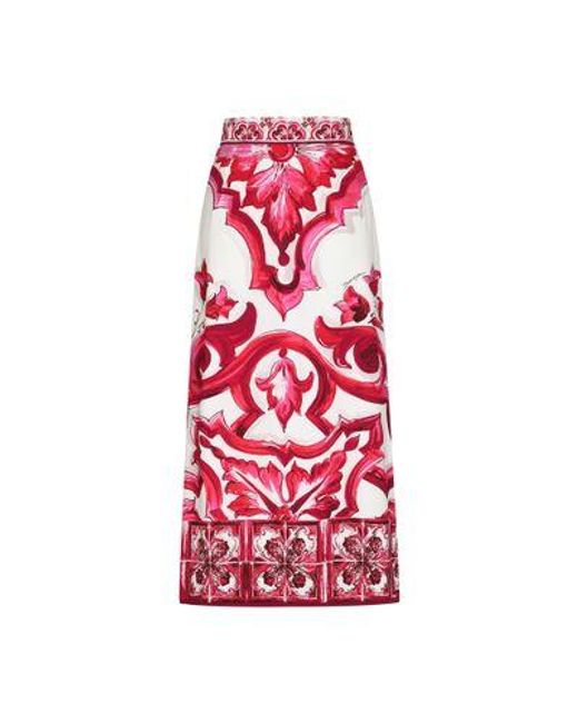 Dolce & Gabbana Red Majolica-Print Charmeuse Calf-Length Skirt With Slit