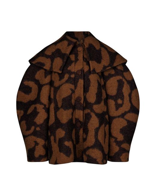 Nina Ricci Brown Cocoon Leopard Wool Jacquard Coat