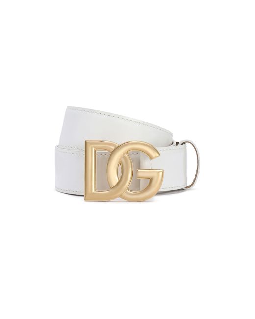 Dolce & Gabbana White Shiny Calfskin Belt With Dg Logo