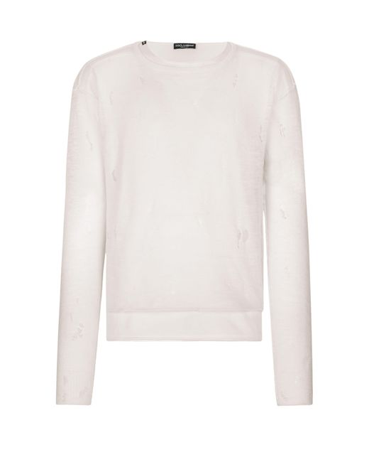 Dolce & Gabbana White Technical Linen Sweater With Distressed Details for men