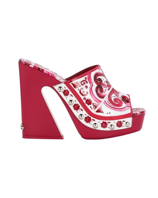 Dolce & Gabbana Red Majolica-print Polished Calfskin Clogs