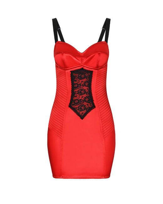 Dolce & Gabbana Red Satin Lace-trimmed Mini Dress