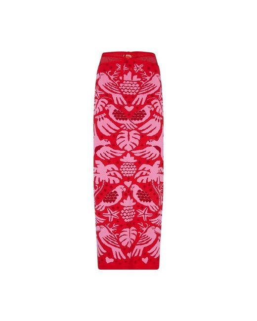 Farm Rio Red Jungle Scarf Knit Midi Skirt