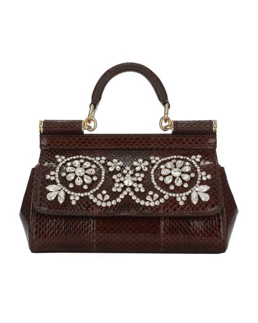 Dolce & Gabbana Brown Small Sicily Bag With Rhinestones