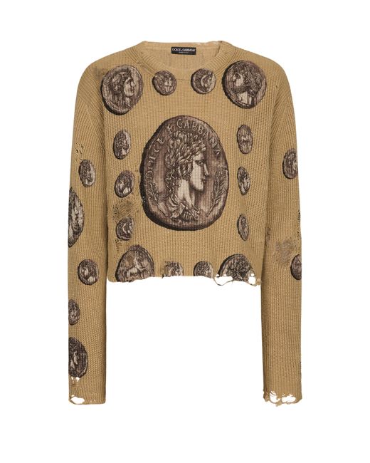 Dolce & Gabbana Metallic Linen Crewneck Sweater With Print for men